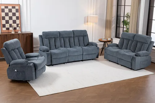 Miniatura 14 de Juego de sofá reclinable manual, 3 piezas con bolsillos laterales, portavasos para cine en casa, oficina (azul, sofá biplaza+silla)