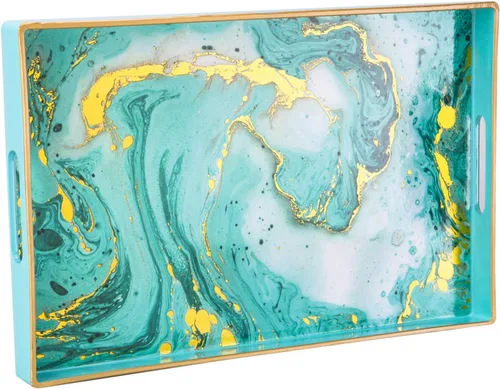 Miniatura 12 de Bandeja decorativa, bandeja de plástico de mármol con asas, bandeja rectangular de tocador y bandeja para servir para baño, cocina, otomana y mesa