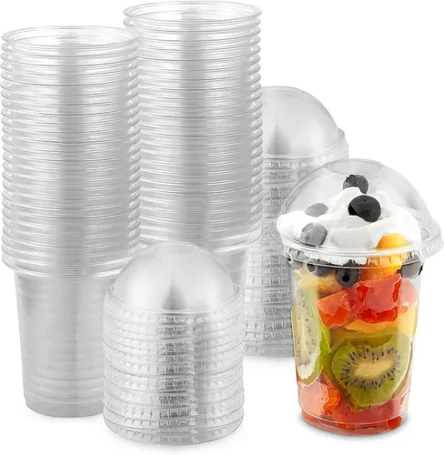 Miniatura 10 de Vasos de postre de plástico transparente con tapas de 8 onzas (juego de 50) taza de parfait desechable pequeña, tapa de cúpula, sin agujero