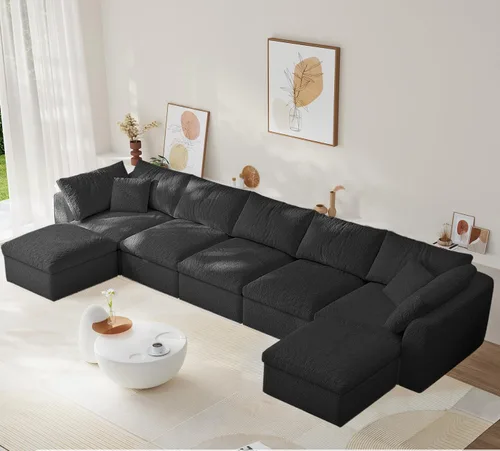 Miniatura 15 de Sofá modular de nube sin hueso de 108 pulgadas con asiento profundo para sala de estar, sofá en forma de L con otomana, tela de copo de nieve y Negro