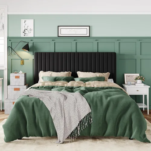 Miniatura 3 de Allewie Base de cama tamaño Queen, plataforma tapizada de terciopelo con cabecera capitonada de canal vertical, base de colchón con listones de Negro
