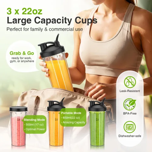 Miniatura 2 de KOIOS Licuadora para Batidos, Licuadora Personal para Batidos y Smoothies con 3 * 22oz Vasos Para Llevar, Batidora de Smoothies de 22000 RPM