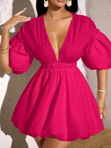 Miniatura 3 de WDIRARA Vestido de cintura elástica con cuello en V profundo y manga abombada para mujer