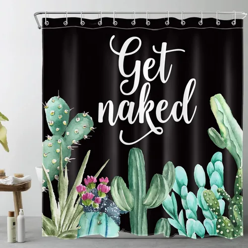 Miniatura 18 de LB Get Naked - Cortina de ducha de cactus con citas divertidas, plantas tropicales, suculentas, verdes, acuarela, cactus y flores, cortinas de ducha