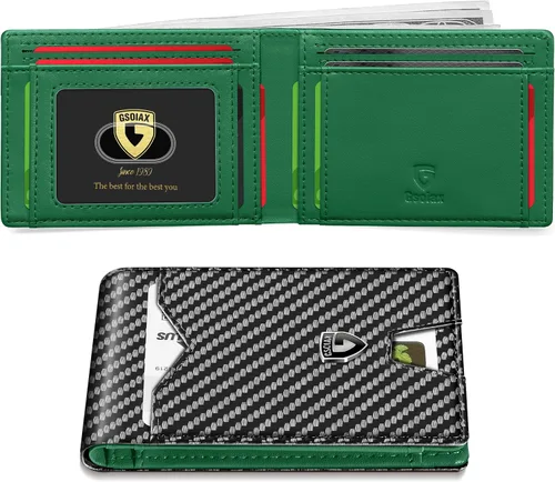 GSOIAX Billetera delgada para hombre minimalista de cuero genuino fibra de carbono con bloqueo RFID de cuero vacuno plegable con caja de regalo,