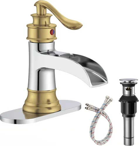 Miniatura 12 de Homevacious Grifo de lavabo de baño con cascada, monocontrol, negro mate y níquel cepillado, grifo mezclador para lavamanos, un orificio, palanca