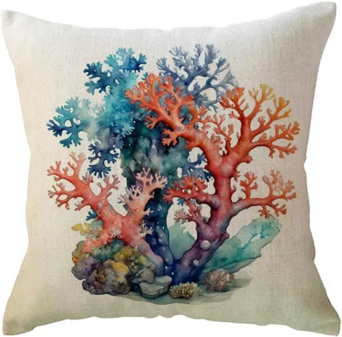 Miniatura 7 de ULOVE LOVE YOURSELF Funda de almohada de acuarela coral con diseño de planta de follaje de árbol de mar, océano náutico, playa, casa, fundas