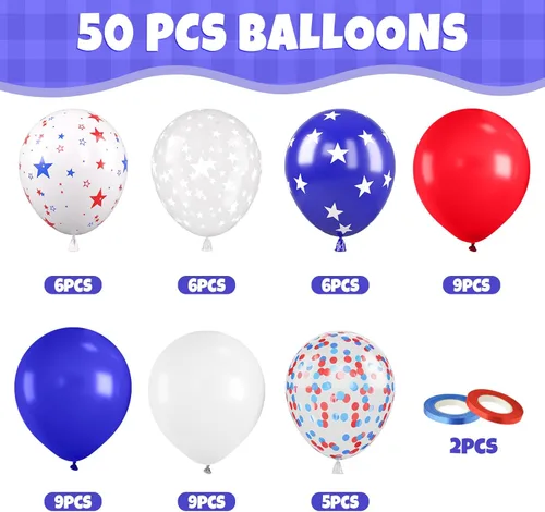 Miniatura 2 de Globos Rojo Blanco Azul, 50 Piezas 12 Pulgadas con Estampado de Estrellas, Globos de Látex Rojo Real Azul Confeti para el 4 de Julio, Día