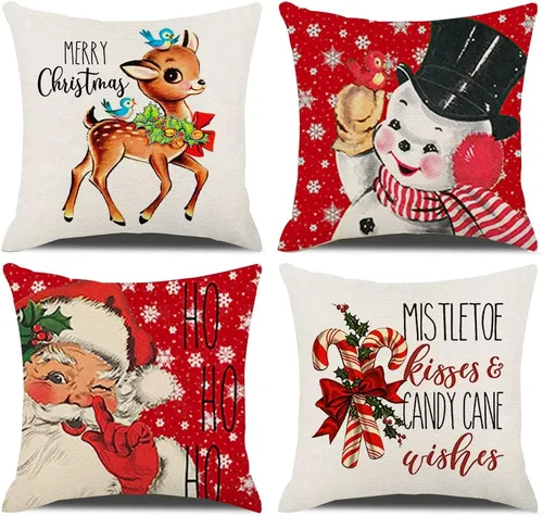 Miniatura 6 de Fundas de Almohada Decorativas de Navidad 16×16 Juego de 4 Copo de Nieve Papá Noel Muñeco de Nieve Ciervo Pájaro Bastón de Caramelo Navidad Rústico