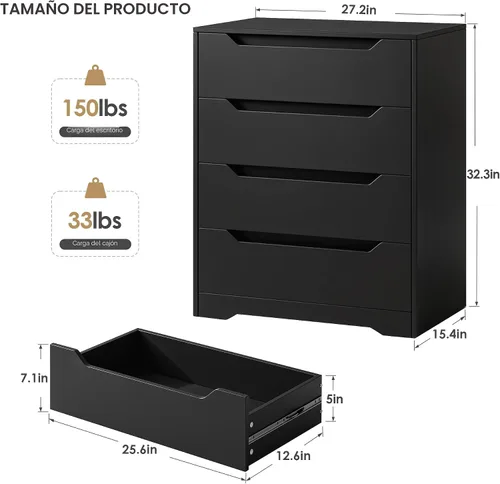 Miniatura 3 de HOSTACK Cómoda negra, cómoda de 4 cajones, cómoda moderna con asas recortadas, aparadores pequeños con cajón, organizador de cofre de maquillaje