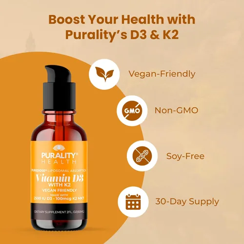 Miniatura 2 de PURALITY HEALTH Vitamina D3 con suplemento líquido K2, vegano, absorción mejorada liposomal micelle, sin OMG, suministro para 30 días