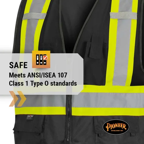 Miniatura 6 de Pioneer Chaleco de seguridad para hombre – Hi Vis reflectante neón sólido, 8 bolsillos, cremallera, ajustable para construcción, tráfico, trabajo