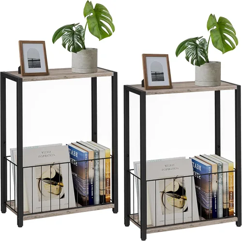 Miniatura 11 de Homleke Juego de 2 mesas laterales estrechas con soporte para revistas, mesas auxiliares delgadas perfectas para espacios pequeños, diseño que Negro