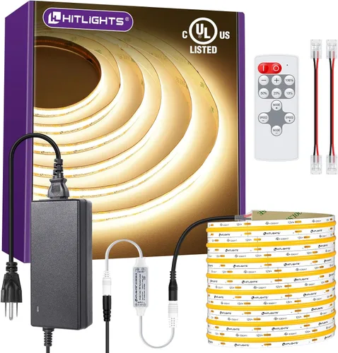 Miniatura 10 de HitLights COB - Tira de luces LED de color blanco cálido, cinta de luz de 12 V, 2700 K, 16.4 pies, 2640 LED, 426 lm/ft, CRI 90+, IP30, iluminación