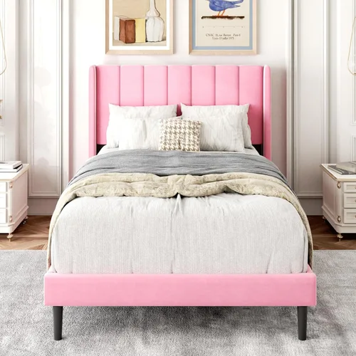 Miniatura 22 de Gruwans Estructuras de Cama Individual con Cabecera Wingback, Camas de Plataforma Tapizadas, No Necesita Somier, Soporte Resistente de Listones