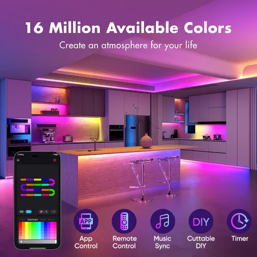 Miniatura 6 de Tira de luces LED de 50 pies, Smart IC RGB segmentado DIY cambio de color, efectos de persecución de arco iris, aplicación WiFi/control de voz