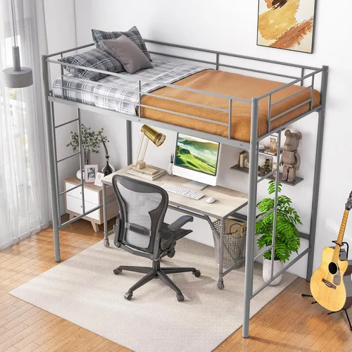 Miniatura 10 de Giantex Base de cama de metal tamaño individual con escaleras dobles y barandilla de seguridad, no necesita somier, ahorra espacio para jóvenes