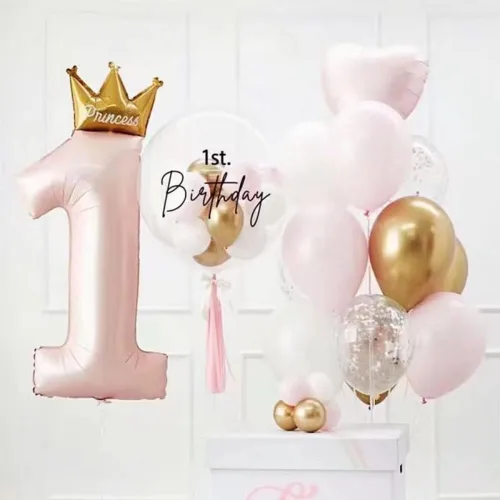 Miniatura 3 de Globos rosas de corona de princesa número 1 de 40 pulgadas, globos de primer cumpleaños para niñas, decoraciones de fiesta de primer cumpleaños