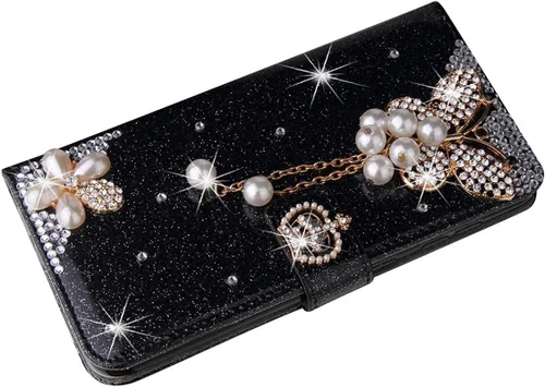 Miniatura 2 de XYX Funda tipo cartera para Samsung Galaxy A32 5G, Bling Glitter Crown Butterfly Diamond Flip Card Slot Luxury Girl Women Phone Cover - Negro