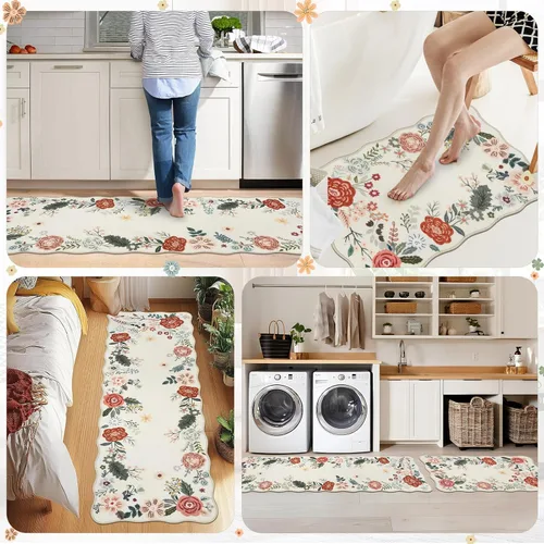 Miniatura 7 de Homcomoda Alfombras florales de cocina para piso, 3 piezas, alfombra de cocina antideslizante de granja, alfombra de cocina lavable, antideslizante