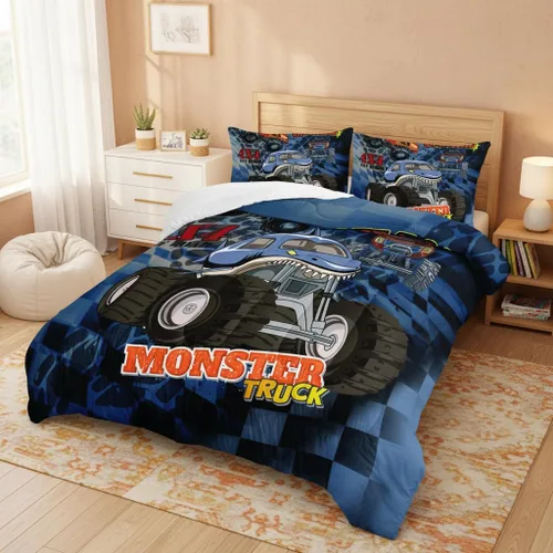 Miniatura 2 de AILONEN Juego de edredón de camión tamaño individual, juego de ropa de cama con temática de camión monstruo 3D sobre fondo azul, para niños y niñas