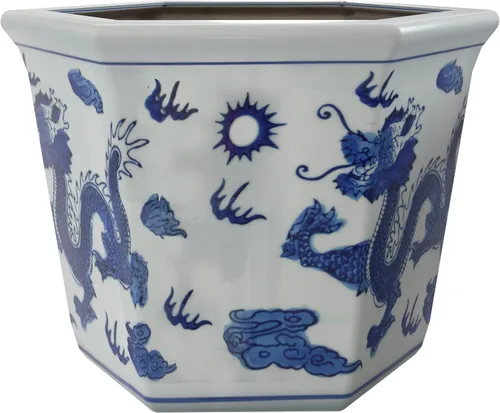 Miniatura 7 de Red Lantern 10" Maceta de flores de porcelana azul y blanca con diseño de dragón