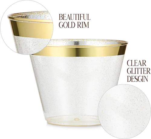 Miniatura 2 de Paquete de 100 vasos de plástico de 9 onzas con purpurina dorada con borde dorado, tazas de fiesta de alta calidad, elegantes y resistentes, bodas