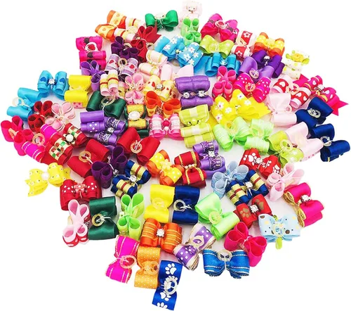 Miniatura 11 de 50 unidades (25 pares) lazos para el pelo de perros pequeños, patrón aleatorio con diamantes de imitación, lazo para el pelo para cachorros, gatos