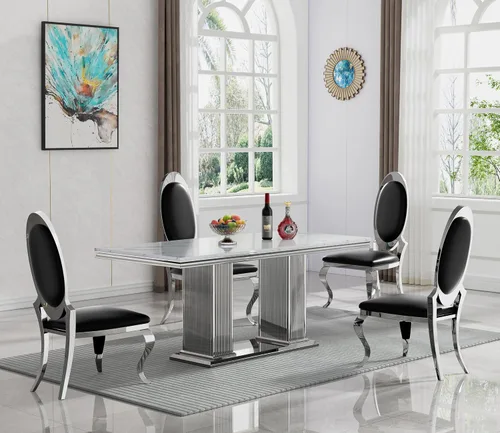 Miniatura 25 de Juego de mesa de comedor de mármol negro de lujo para 4, mesa de cocina dorada de 70 pulgadas y 4 sillas de cuero negro, juego de 5 mesas de comedor