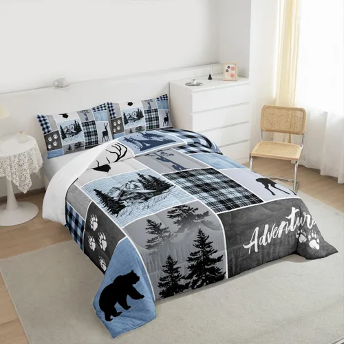 Miniatura 6 de Manfei Juego de edredón de astas de ciervo tamaño Twin, juego de ropa de cama rústica de granja navideña con huellas de oso para decoración