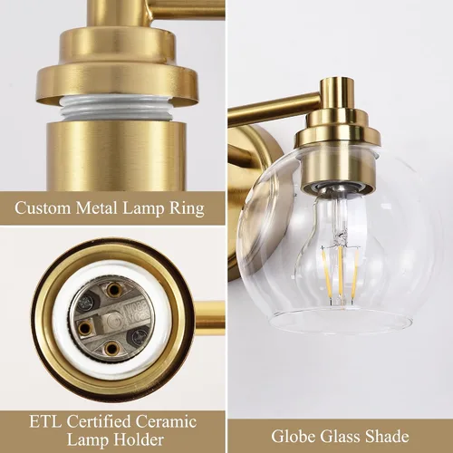 Miniatura 5 de Lámparas de baño de 3 luces, moderna lámpara de tocador con pantalla de cristal de globo, luces de baño doradas cepilladas sobre el espejo, luces