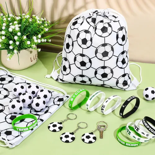 Miniatura 6 de 48 piezas de suministros de fiesta de fútbol, 12 pulseras de silicona de fútbol, 12 bolsas de regalo con cordón de fútbol, 12 mini pelotas de estrés