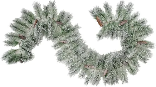 Admired By Nature Guirnalda de Navidad de 9 pies, decoración de piñas de nieve esmerilada, para decoración de Navidad del hogar, interiores,
