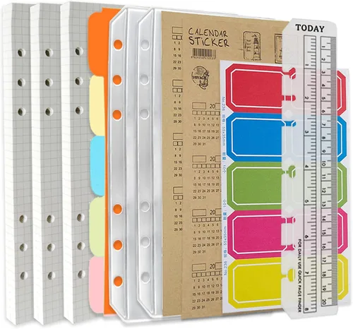 Miniatura 8 de DY.2ten Juego de cuadernos recargables, paquete de 3 papeles de repuesto forrados, bolsillos transparentes con cremallera, divisores, pestañas