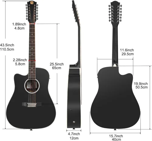 Miniatura 8 de Vangoa Guitarra acústica y eléctrica de 12 cuerdas para zurdos, corte Dreadnought de 42 pulgadas de tamaño completo, tapa de abeto y cuerpo