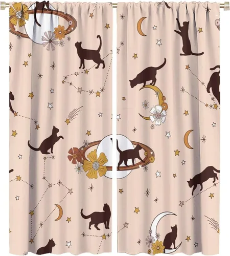 Miniatura 23 de Cortinas de estilo de mediados de siglo, diseño geométrico abstracto moderno, diseño retro, estampado de gato negro, para dormitorio, sala de estar