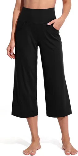 Promover Pantalones capri para mujer, pantalones de yoga de pierna ancha con bolsillos, cintura alta, pantalones cortos casuales de vestir
