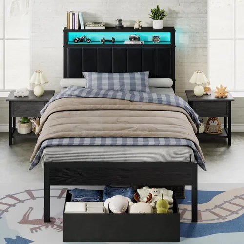 Miniatura 8 de AMERLIFE Base de cama individual con luz LED y 2 cajones de almacenamiento, plataforma de metal con cabecera de almacenamiento, tapizada