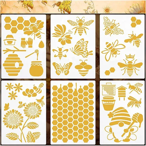 Plantillas temáticas de abejas, 6 unidades, plantillas reutilizables de pintura de panal y girasol para arte de pared, pintura de muebles,