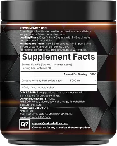 Miniatura 3 de NatureBell Paquete de 2 Polvo de Monohidrato de Creatina Instantánea 500g, 5,000mg por Porción Micronizado, Puro y Sin Sabor Pre-Entrenamiento