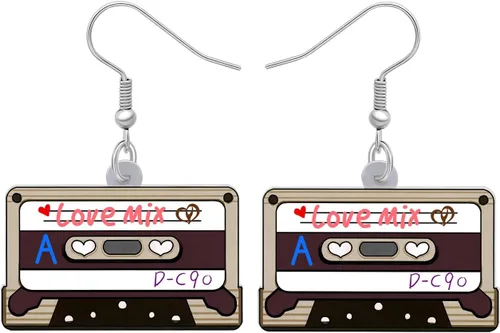 Miniatura 5 de Aretes de cinta de casete nostálgicos de los años 80 y 90 de acrílico cuelgan música clásica joyería de audio para mujeres, regalos