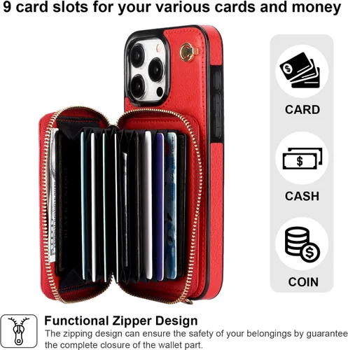 Miniatura 3 de Bocasal Funda tipo cartera cruzada para iPhone 15 Pro Max, funda de piel con bloqueo RFID y soporte para tarjetas, funda protectora con cremallera