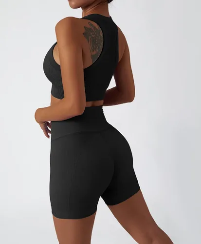 Miniatura 103 de Conjuntos de entrenamiento para mujer, 2 piezas, sin costuras, acanalada, sin mangas, brasier deportivo, cintura alta, pantalones cortos