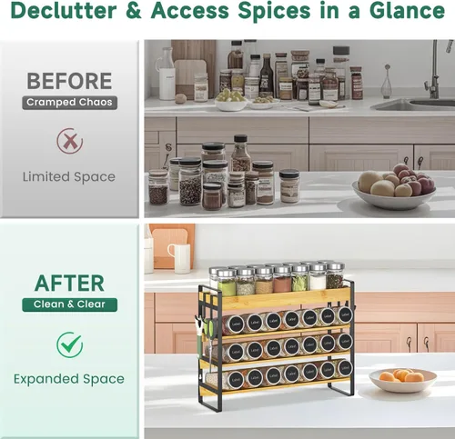 Miniatura 7 de EsLuker.ly Organizador de condimentos para especias para encimera de cocina, 4 niveles de bambú para especias con 4 ganchos, soporte independiente