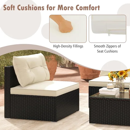 Miniatura 6 de Tangkula - Juego de sofá de ratán de 5 piezas, conjunto de muebles de mimbre para patio de Patiojoy con cojines de asiento y respaldo, mesa