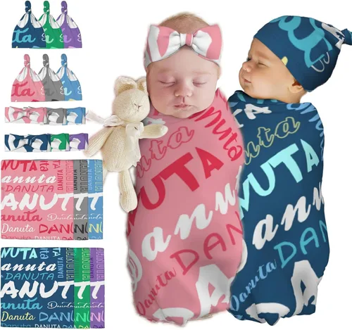 Juego de manta personalizada para bebé con diadema acogedora y sombrero para niñas y niños recién nacidos, manta personalizada con nombre de bebé,