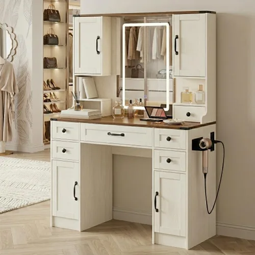 Miniatura 11 de NUNU LAB Escritorio tocador con espejo y luces con 6 cajones y 4 armarios, gran mesa de maquillaje para mujeres con toma de corriente, iluminación