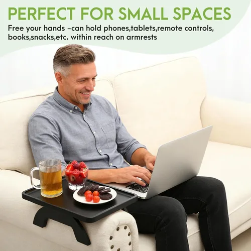 Miniatura 2 de Mesa de Brazo de Sofá SINWANT, Bandeja de Brazo de Sofá de Bambú para Respaldo, Bandeja con Clip de 13.78" para Sofá para Sala de Estar, Snack