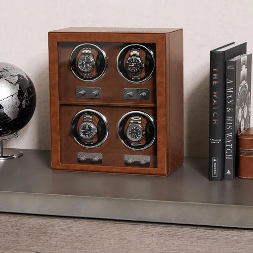 Miniatura 3 de ROTHWELL Bobinadora de 4 relojes para relojes automáticos con motor silencioso con múltiples velocidades y ajustes de rotación (bronceado/marrón)