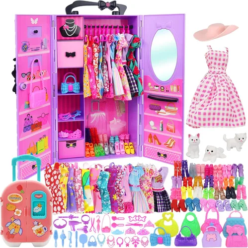 K.T. Fancy 83 piezas de muñecas y accesorios con armario morado para muñeca de 29.2 cm, set de vestuario que incluye armario, zapatos, billetera,